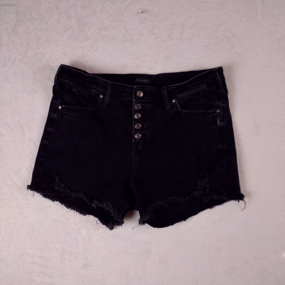 Silver Jeans Co Beau Short Black Denim Cut Off High Waist Button Fly W36 L27540B